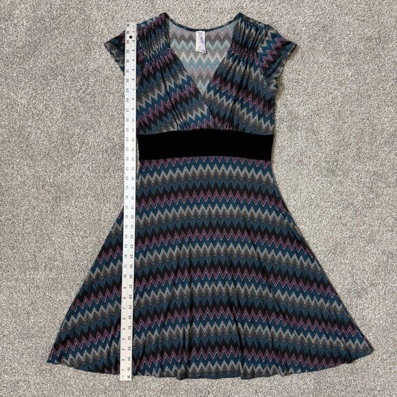Purple Rain Dress Womens Medium Teal Chevron A-Line V-Neck Made USA 90s Vintage - Picture 8 of 10